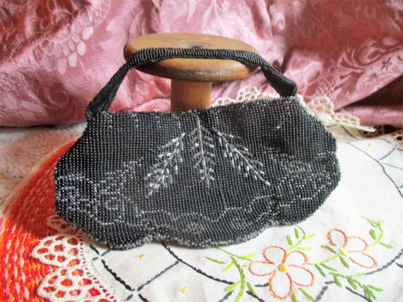 40's black beaded evening bag, silver beaded desi… - image 1