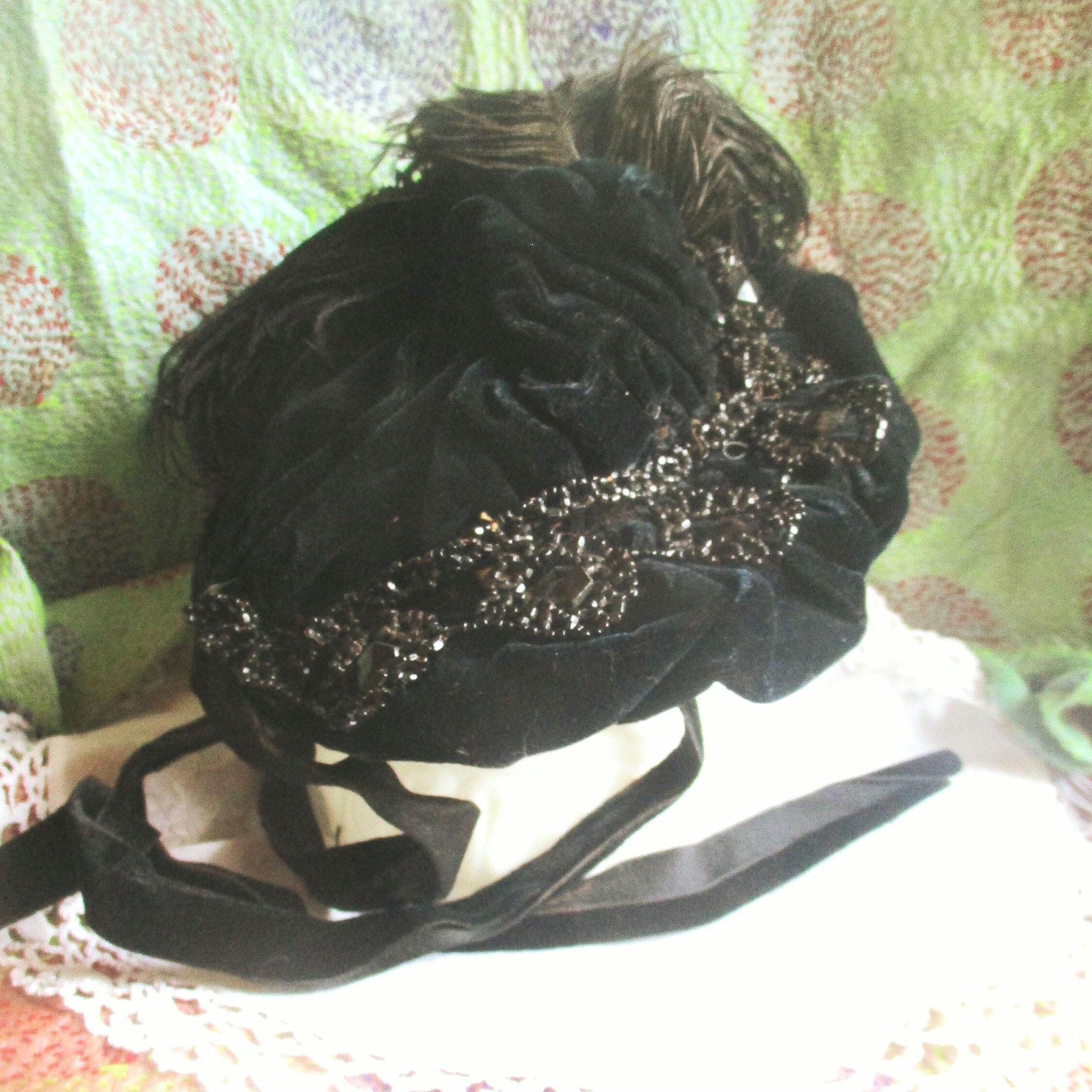Bespoke Victorian Style Black Velvet Plumed Feather Trimmed Bonnet Hat 1890s Victorian Mourning HAT Inky Black Brim Bonnet Beaded  main image 4
