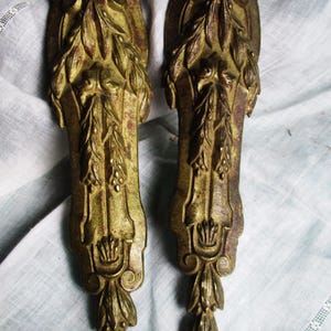 2 heavy cast brass ormolu furniture embellishments, long, thin, ornate, matching pair, restoration, assemblage, steampunk possibilities