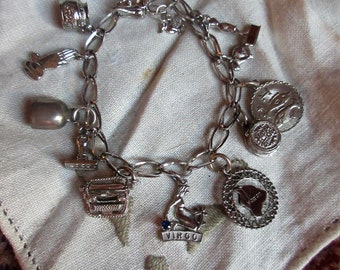 Sterling Silver Charm Bracelet With 12 Charms, Safety Clasp Sterling Silver Charm Bracelet With 12 Charms, Safety Clasp