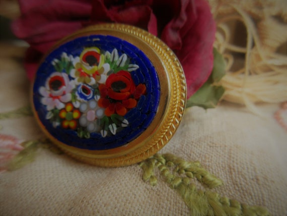 beautiful floral Italian mosaic brooch, dark blue… - image 4