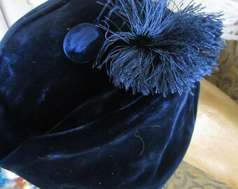 1940's vintage hat, blue velvet, R H Stearns, size 22, long pillbox style, silk tassel, simple, classy, fun, funky, collectible,