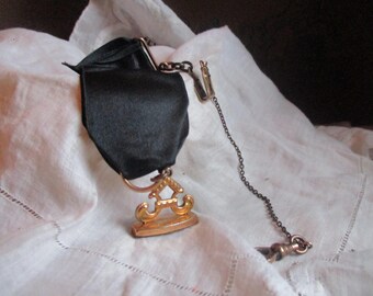 fabulous watch chajn and fob, Victorian black silk mourning ribbon, gold filled fob, chain, handstitched, gentleman's accessory, rare find