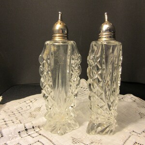 tall, elegant cut glass salt and pepper,antique, Edwardian, 1900's/1910's, silver plated tops, excellent condition, classy, classic, image 2
