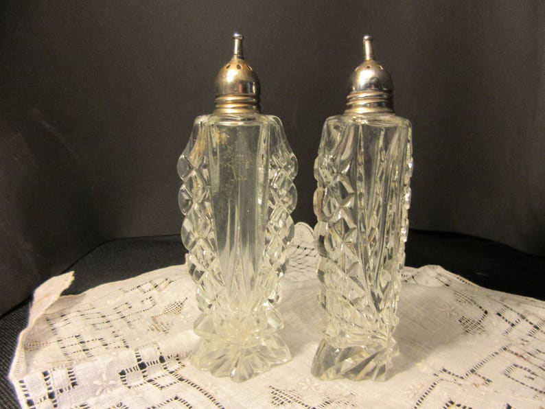 tall, elegant cut glass salt and pepper,antique, Edwardian, 1900's/1910's, silver plated tops, excellent condition, classy, classic, image 2