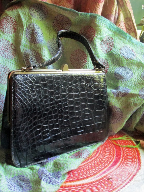 50's black alligator leather bag, classic mid cen… - image 1