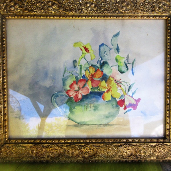 original still life watercolor in original elaborate frame, 1910s vintage/antique, beautiful work, fabulous frame, glassed