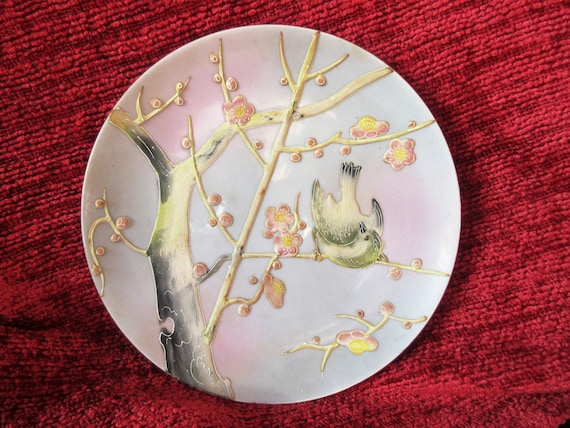 handpainted plate with bird on tree, moriage details, Asian styling, 50's vintage, Shaffordware, Japan, hangable, excellent condition