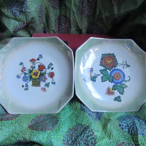 2 1800s hand painted plates, Victorian, porcelain, women&#39;s art, cheerful floral designs, beautifully painted, signed, excellent condition