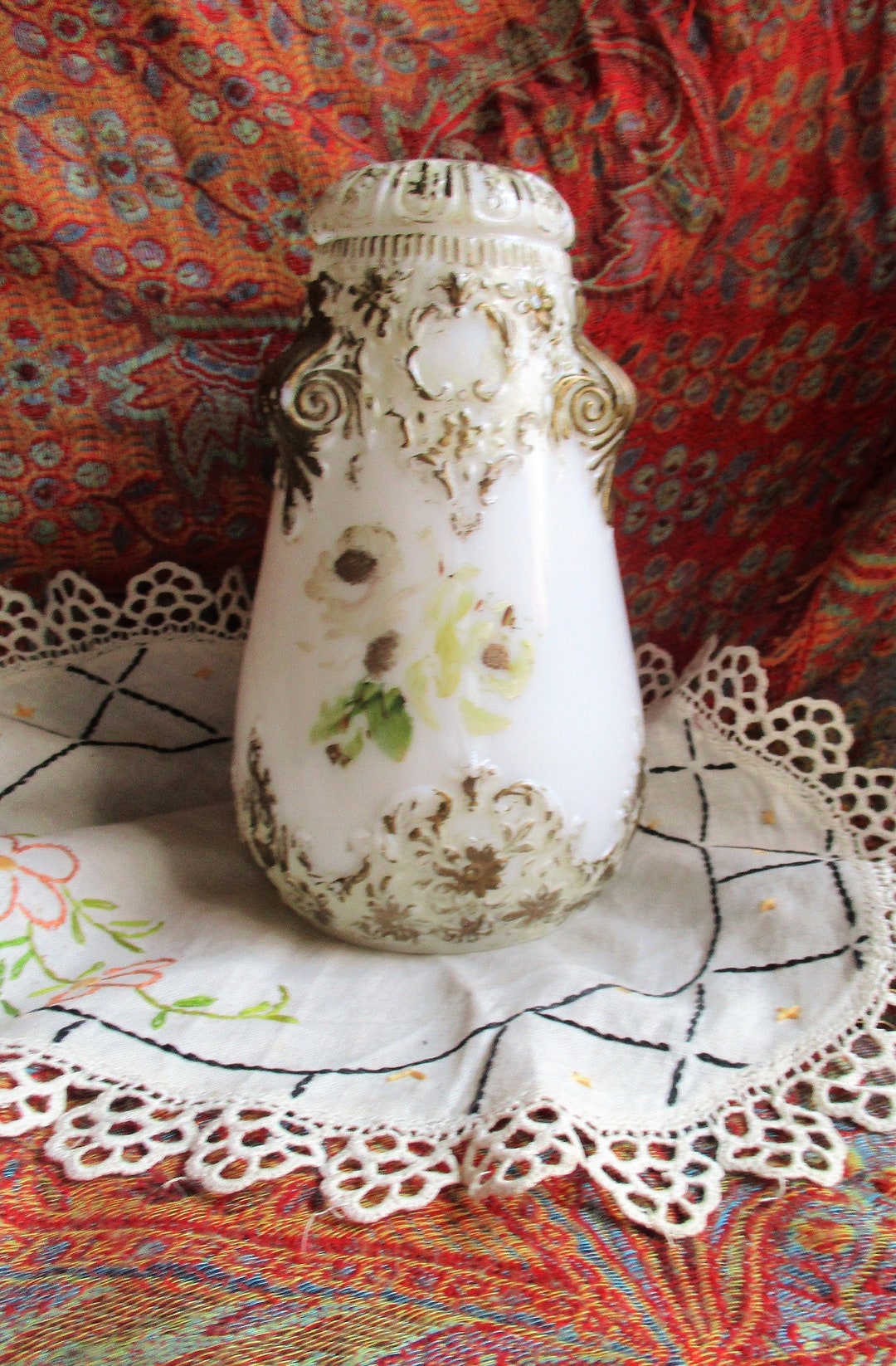 Victorian White Bristol Glass Vase With Handpainted Flowers ,raised