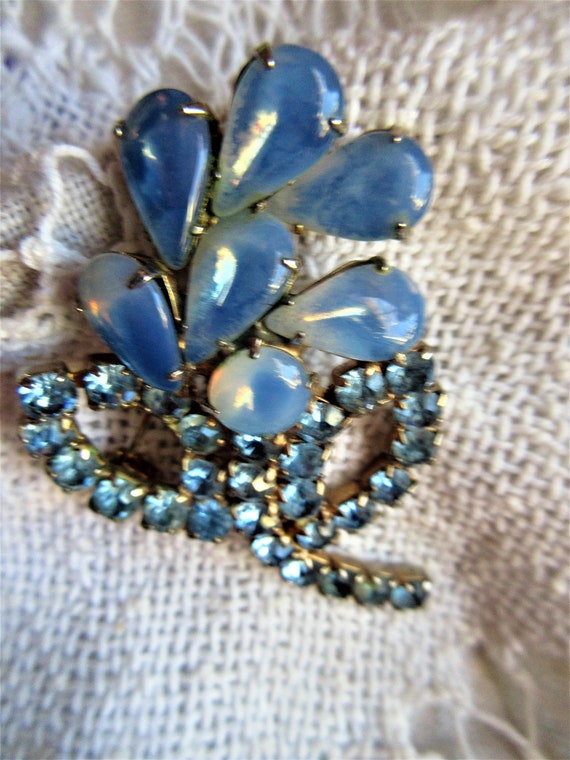 elegant pale blue opal glass and rhinestone brooc… - image 2