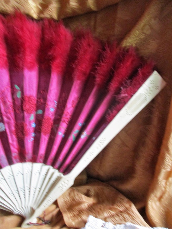 stunning antique hand embroidered red silk fan, ha