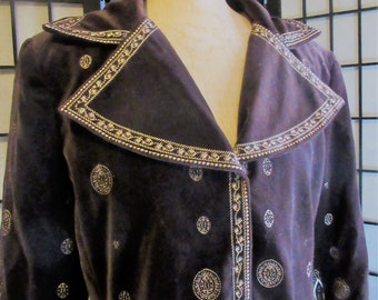 deep brown cotton velvet coat, embroidered, gold thread design, ethnic look, dramatic collar, lined, Nyguard, size 10, excellent condition