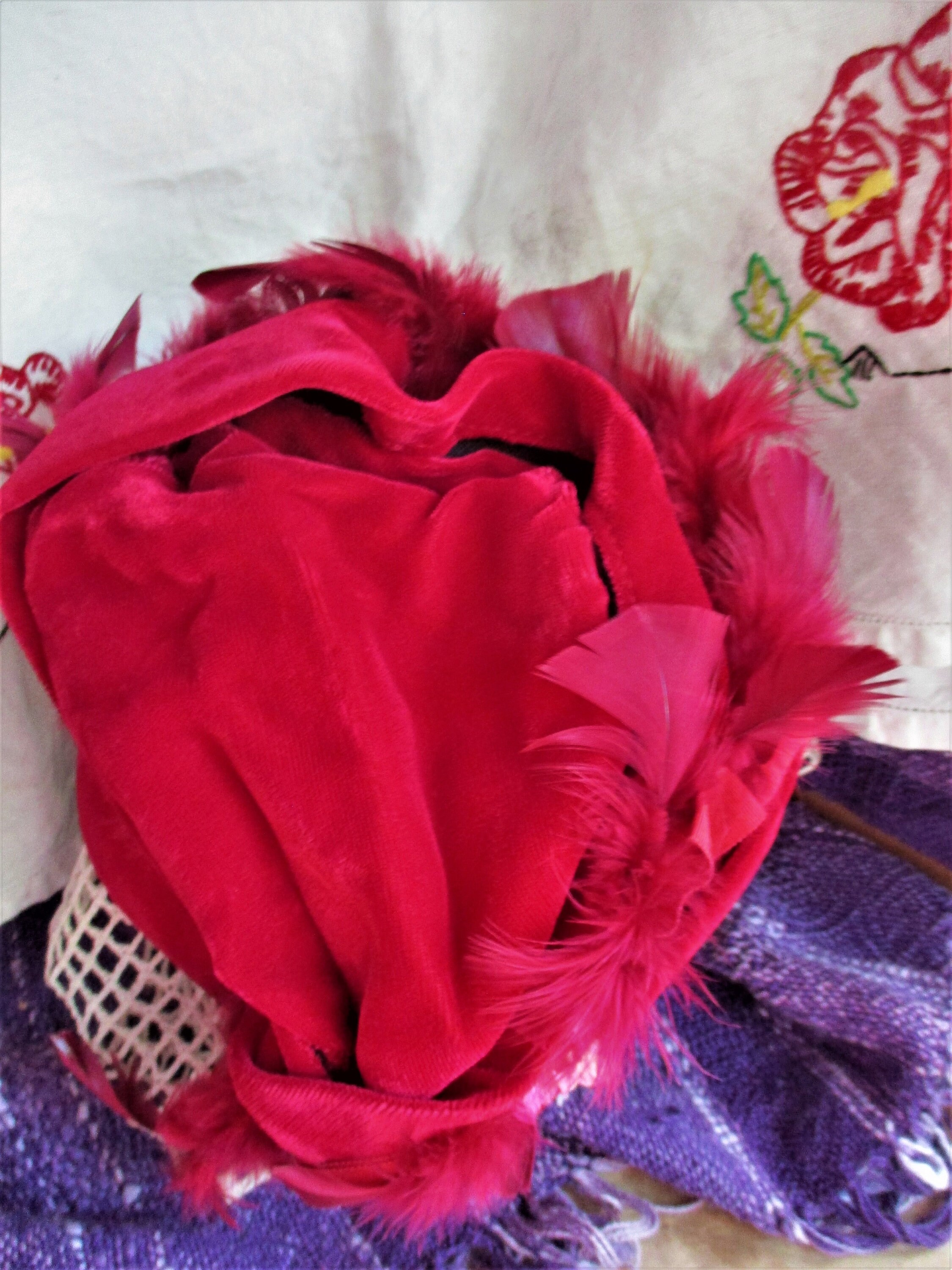 Vintage Style Red Velvet Cloche Hat Feather Flower Accent Flapper 1920 main image 3
