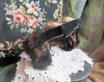 1950's mink hat, round topper hat with side prongs, black velvet bow at front, deep brown, capulet hat, fascinator, cocktail hat, Mrs Maisel