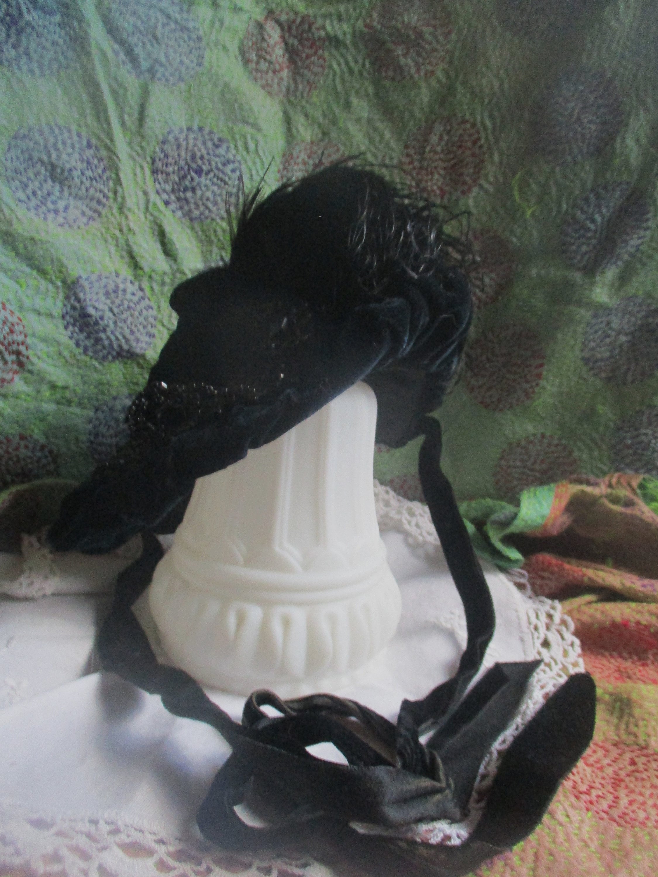 Victorian Black Velvet Mourning Bonnet, Beadwork, Ostrich 