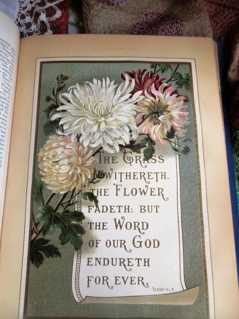 May include: A vintage book page with a green background and a scroll with the text 'The grass withereth. The flower fadeth: but the word of our God endureth for ever. Isaiah XL 8.' The scroll is surrounded by white and pink flowers with green leaves.