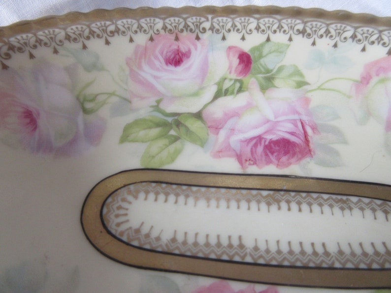 pink roses 1900 Bavarian handles candynuttrinket bowl excellent condition,collectible Edwardian art Nouveau hand painted china bowl