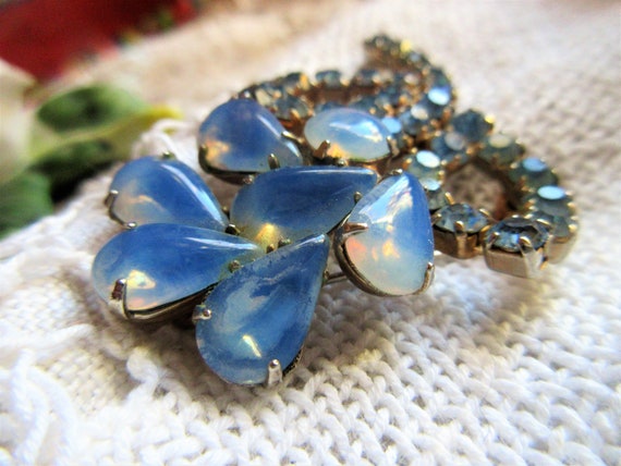 elegant pale blue opal glass and rhinestone brooc… - image 4