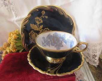 stunning black and gold trio, blue floral interior, Bavarian, made in  Germany/US Zone, glamorous, unusual,excellent condition, rare find
