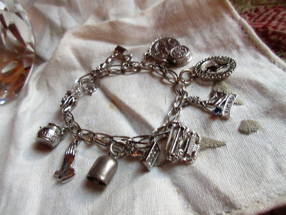 Sterling Silver Charm Bracelet With 12 Charms, Safety Clasp, Mid Century,  1960's Vintage, Fun to Wear, Instant History, Excellent Condition 