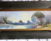 unusual Edwardian landscape, reverse painted glass over watercolor, 3D, country scene, lake trees, original ornamented frame, circa 1900