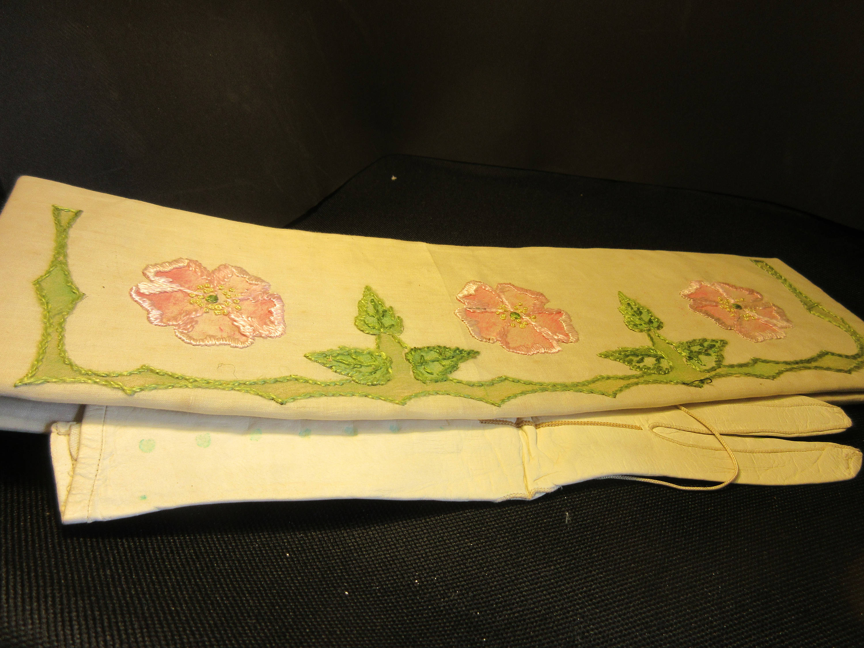 Vintage Kid Gloves and Glove Holder With Note, Embroidered and 