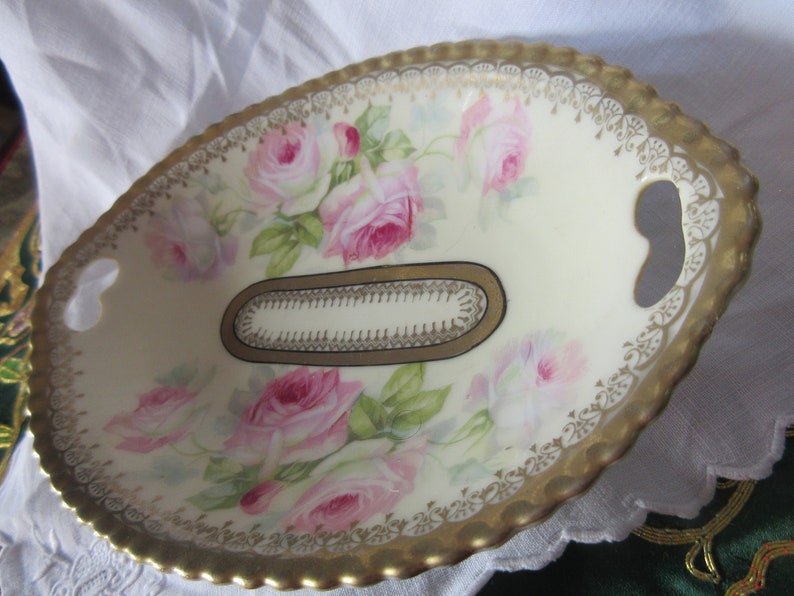 pink roses 1900 Bavarian handles candynuttrinket bowl excellent condition,collectible Edwardian art Nouveau hand painted china bowl