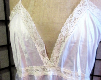 Camisola de punto de nailon blanco de los años 50 y 60, ribete de encaje, Deanna, talla 38, largo hasta la rodilla, en muy buen estado, mediados de siglo, lencería/ropa de dormir