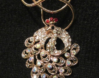 art nouveau style peacock pendant, 18K gold filled, swarovski crystal, vintage bling, fun, feminine, statement piece