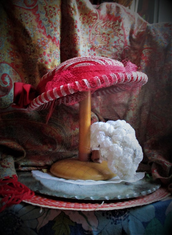 2 fun hats, 1940's, red/beige straw side hat, fasc