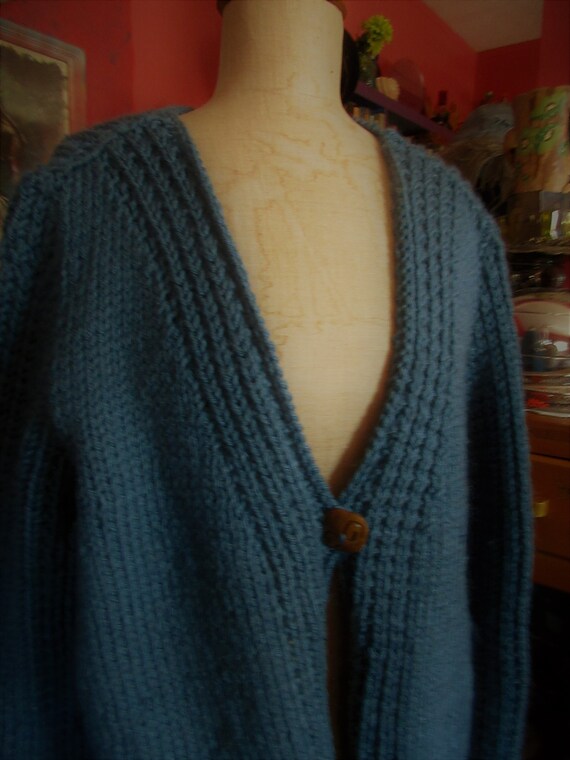 chunky woolen handknit cardigan, denim blue, large