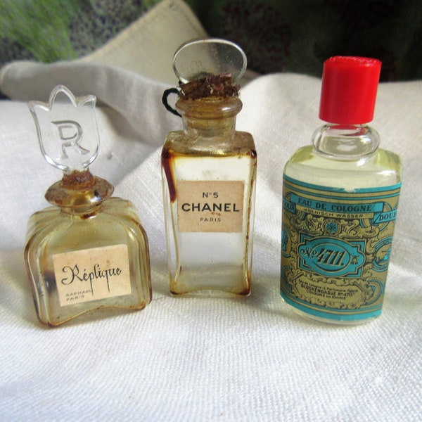 3 small perfume bottles, Chanel No.5, Replique by Rafael, eau de cologne, no.4771, 1920's vintage, empty, very collectible, original tops