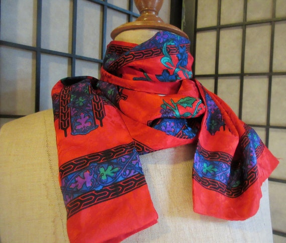 double layer silk scarf, red and blue, long, reve… - image 1