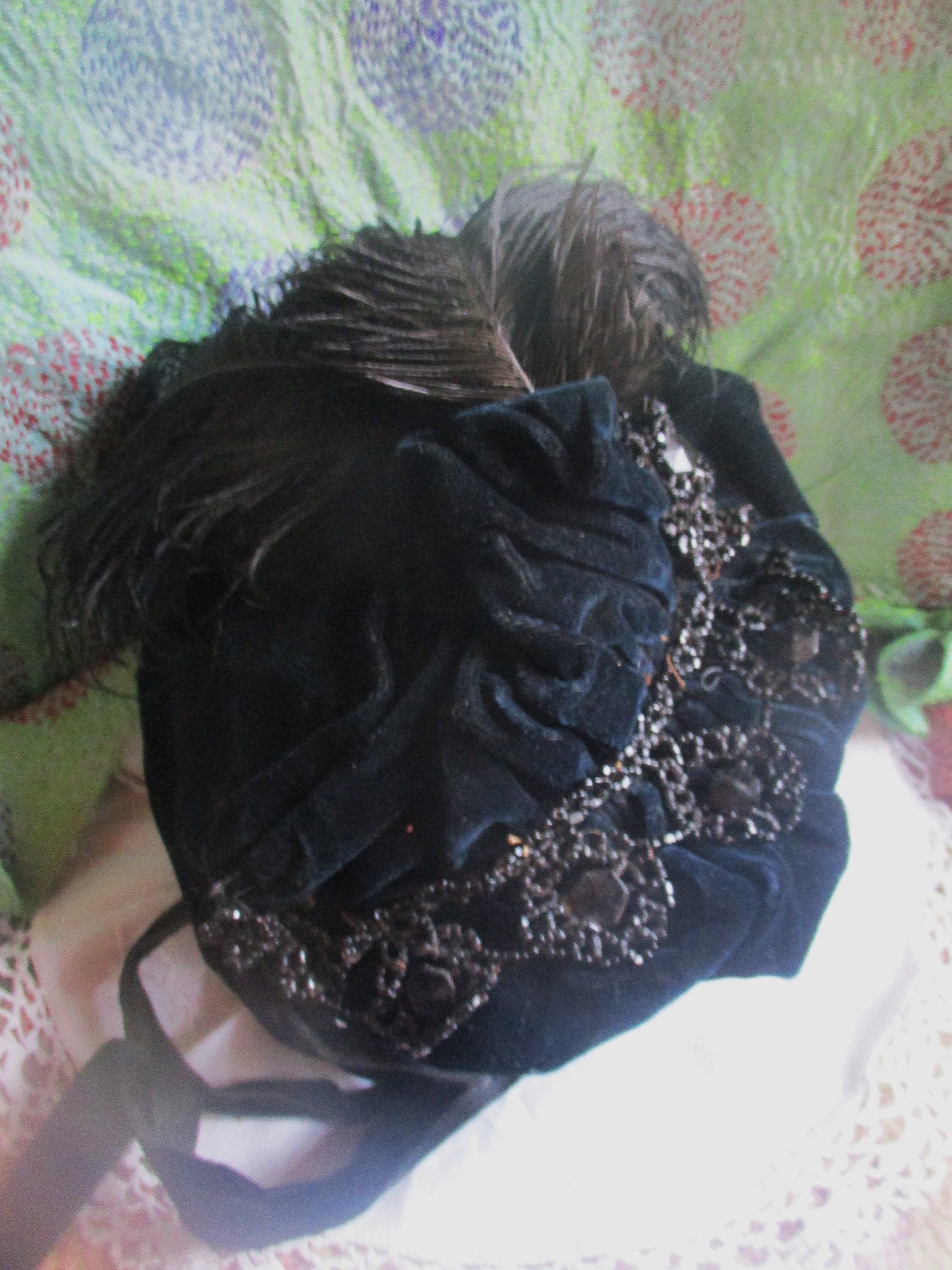 Victorian Black Velvet Mourning Bonnet, Beadwork, Ostrich  display picture 3