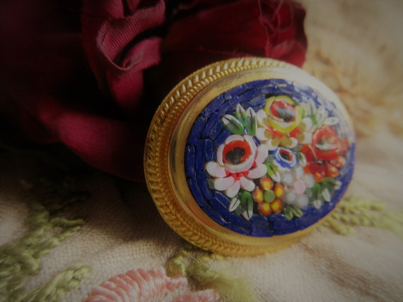 beautiful floral Italian mosaic brooch, dark blue… - image 3