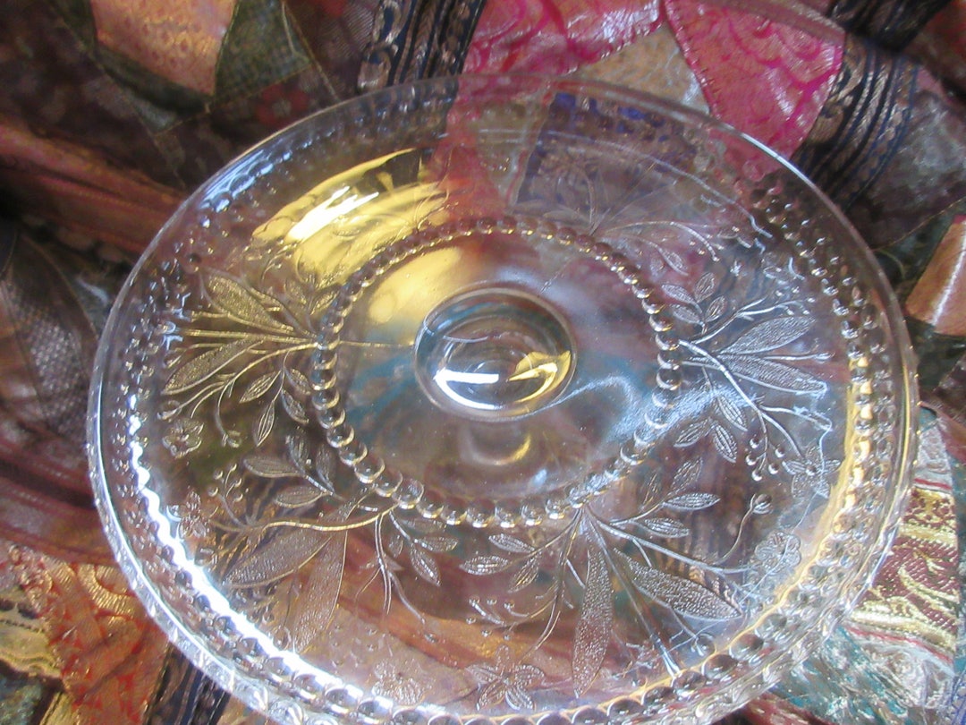 Vintage Etched Glass Cake Stand Pedestalelaborate Floral Etsy