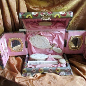 delightful 1800's grooming set in decoupaged cabinet, organized toiletries, antique decoupage design, girly girl dream kit, very rare find
