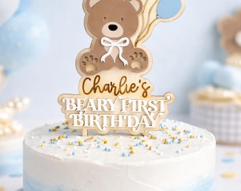 Beary First Birthday Bear with Balloons Acrylic Name Cake Topper for One Year Old with Personalized Name/ Cake Smash Photo Prop