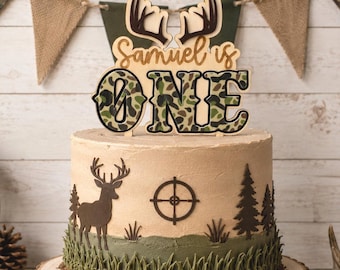 One Year Old Deer Antler Hunting Camouflage First Birthday Acrylic Cake Topper with Name/Outdoor Theme/Personalized Cake Smash Photo Prop