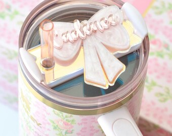 Coquette Bow for LoveShackFancy Blooming Heirloom Blush Pink Stanley Name Plates Lid Toppers Cup Accessories Personalized Tag for Tumbler