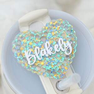Valentine&#39;s Day Heart Stanley Name Plates Lid Toppers Cup Accessories Personalized Name Tag for Tumbler 40 30 20 oz Glitter Pink Gift