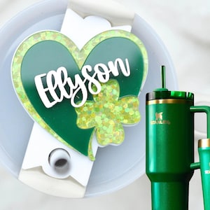 St Patrick&#39;s Day Four Leaf Clover Heart Stanley Name Plates Lid Toppers Cup Accessories Personalized Tag Tumbler 40 30 20 oz Green Holiday