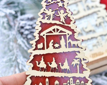 Belén, árbol de Navidad con soporte, decoración navideña, juego de belén, decoración religiosa, estante festivo de invierno
