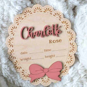Houten kanten strik coquette geboortebordje geboortekaartje baby geboortekaartje voor ziekenhuis/geboortebordje voor meisje/naambordje pasgeboren