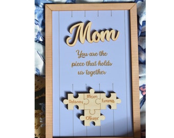 Mama Puzzle Zeichen Muttertagsgeschenk von Kindern Ehemann individuell graviertes Holzschild Stück das uns zusammenhält Oma Geschenk Personalisiertes Unikat