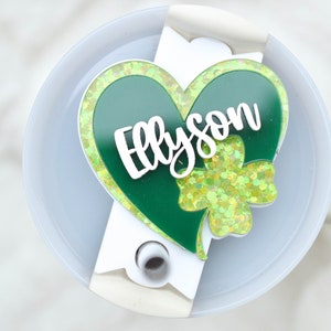 St Patrick&#39;s Day Four Leaf Clover Heart Stanley Name Plates Lid Toppers Cup Accessories Personalized Tag Tumbler 40 30 20 oz Green Holiday