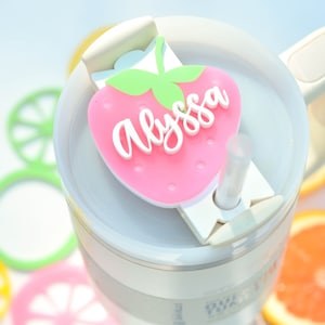 Summer Strawberry Fruit Stanley Name Plates Lid Toppers Cup Accessories Personalized Tag for Tumbler, 40 30 20 oz Lemon Pink Yellow
