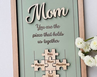 Puzzle maman signe cadeau fête des mères des enfants mari plaque en bois gravée personnalisée qui nous tient ensemble cadeau grand-mère personnalisé Unique