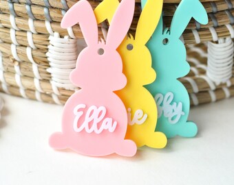 Easter Basket Name Tags Personalized | Bunny Rabbit Acrylic Custom | Gift Label for Kids | Decor | Pastel Colors Pink Green Blue Yellow